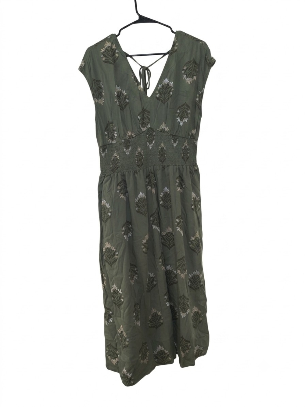 Old Navy Olive Printed V-Neck Smocked Midi Dress - Picture 3 of 11